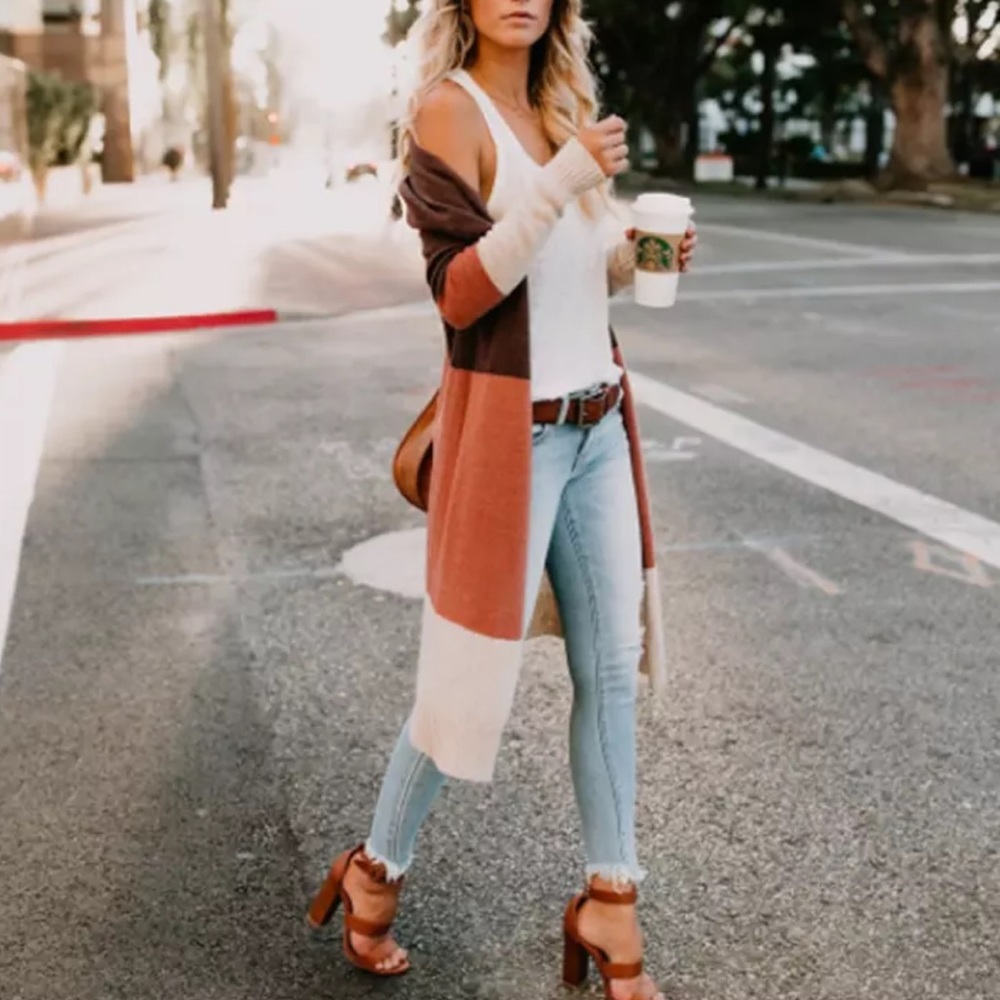 Long Cardigan Sweater Brown Tan and Orange - Picture 4 of 7